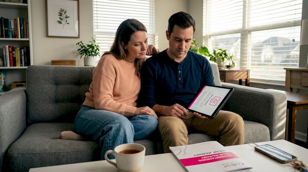 Couple reading IVF information together on sofa