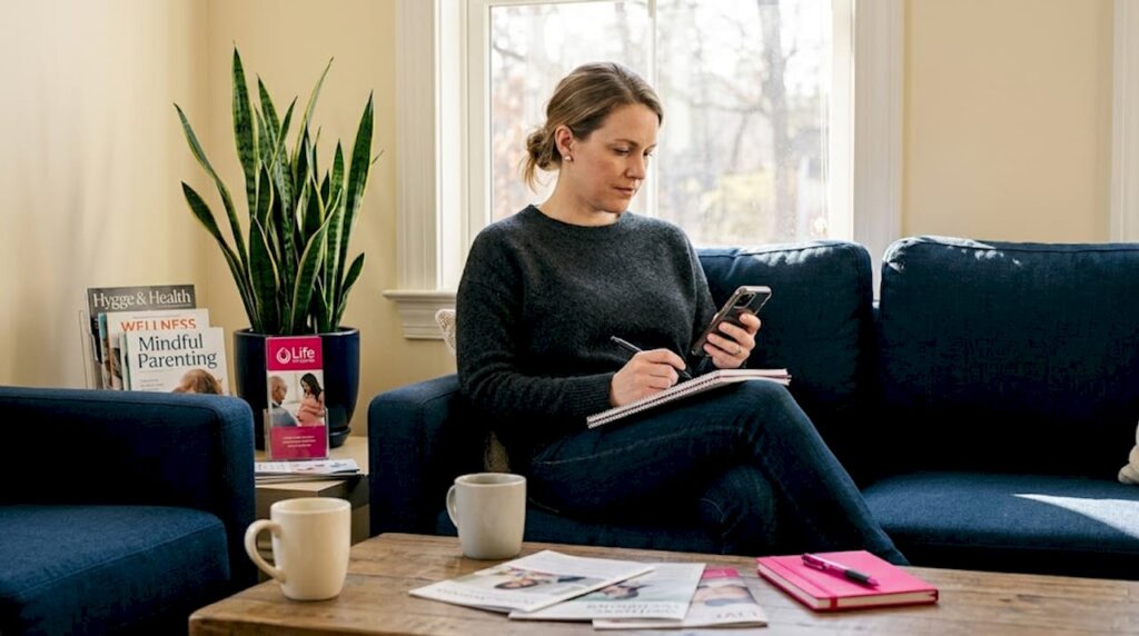 Woman reads on phone in clinic waiting room