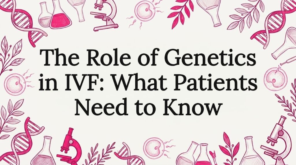 Decorative IVF genetics blog title card, DNA and lab tools framing