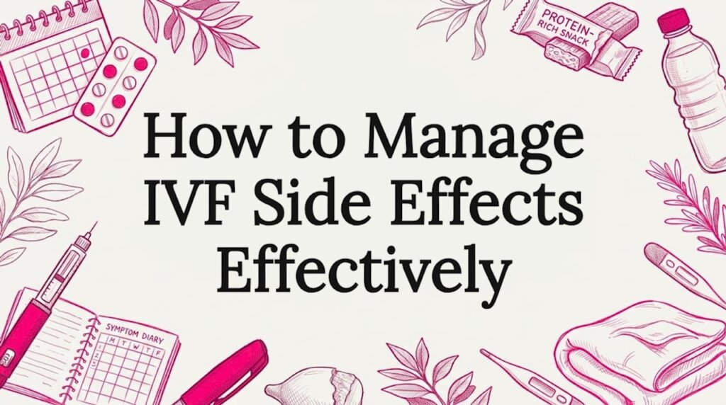 Decorative blog title card with IVF tools and wellness props framing center