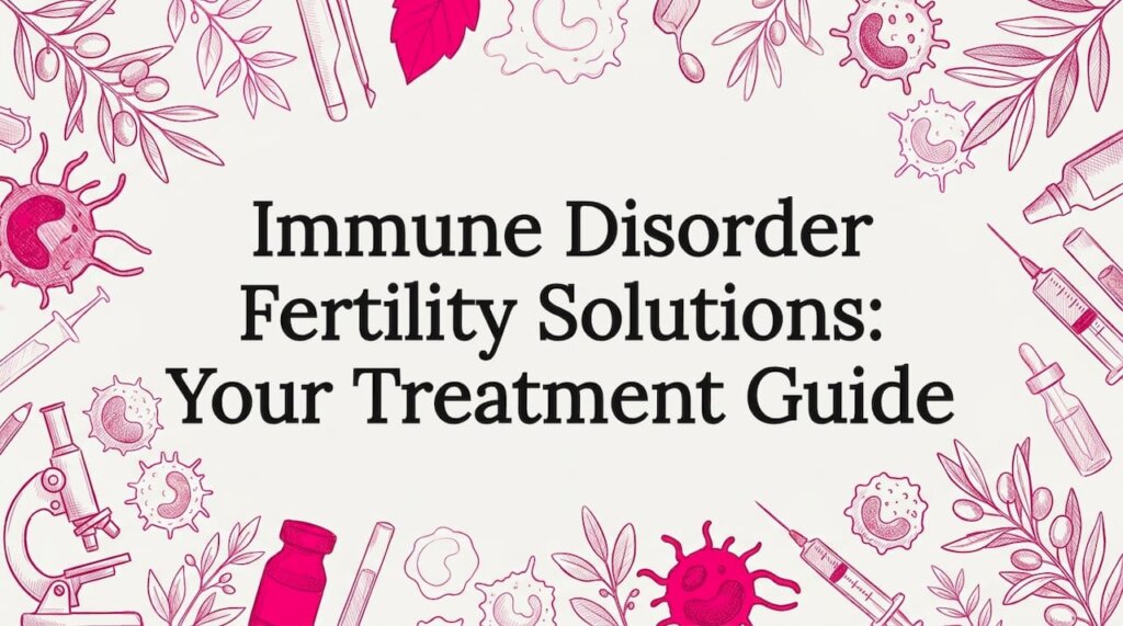 Decorative title card illustration with immune and fertility motifs
