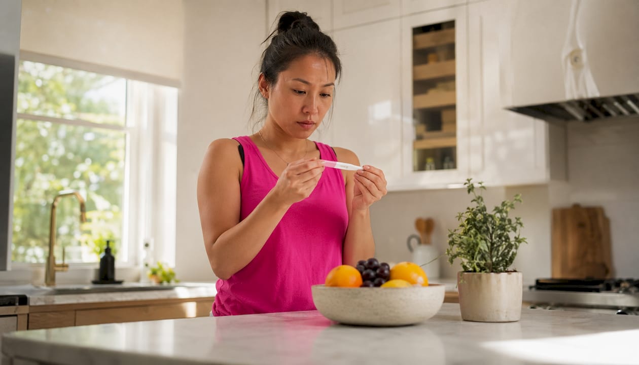 Woman using LH surge test kit in bathroom