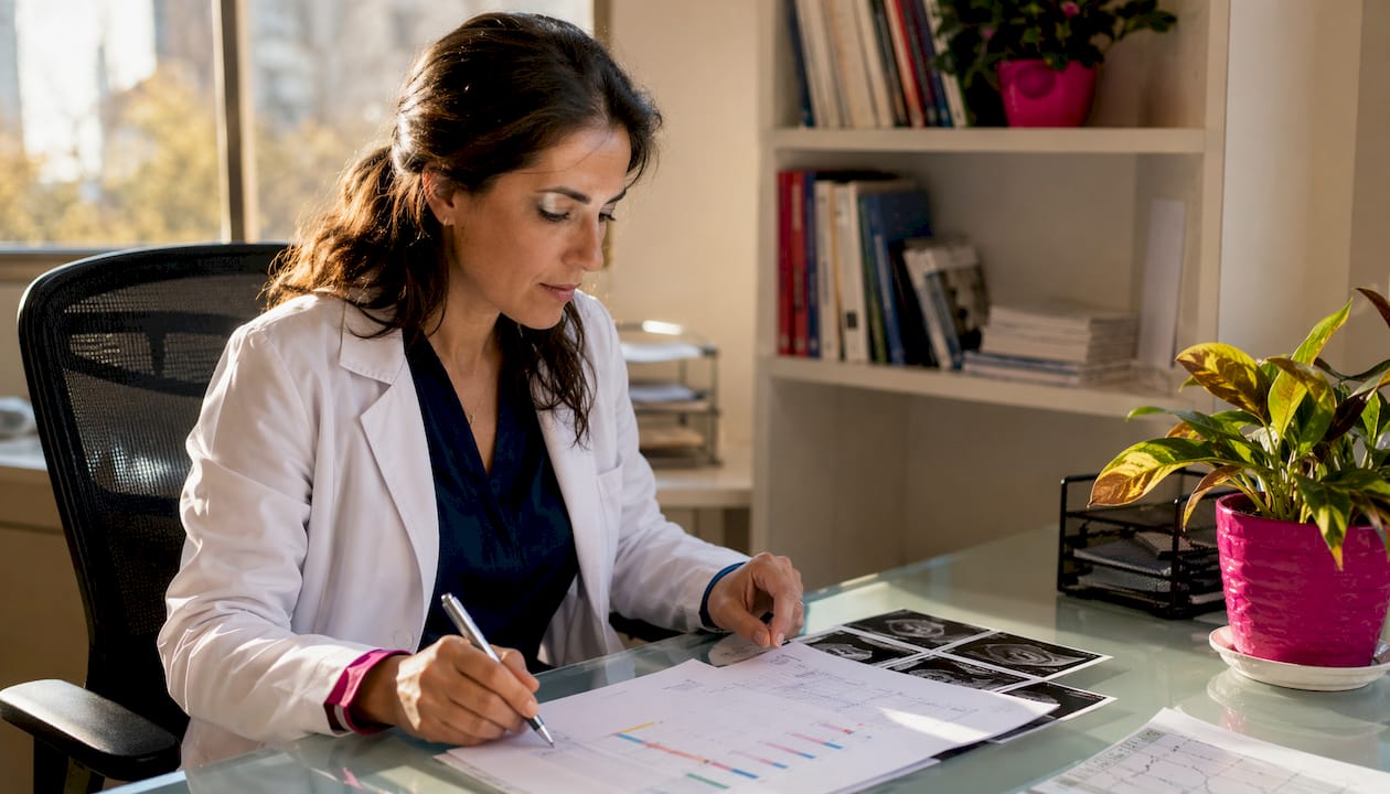 Fertility specialist studying hormone test results
