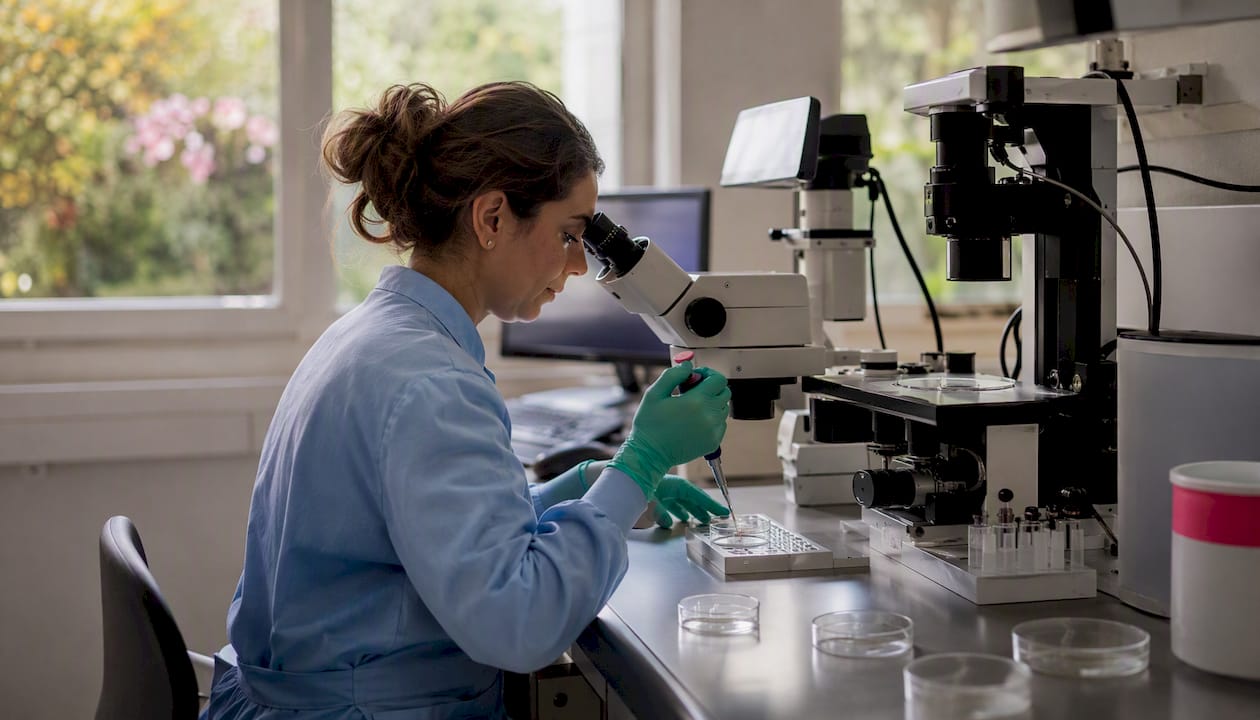 Embryologist conducting embryo biopsy under microscope