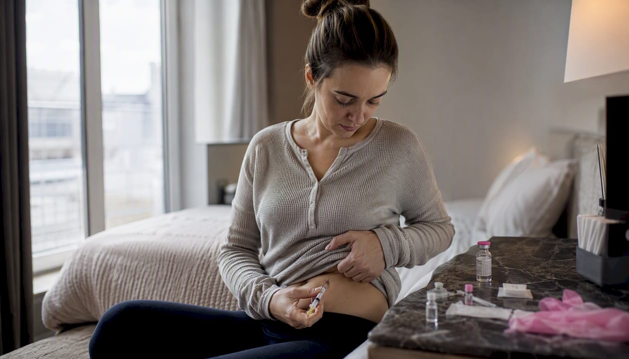 Woman administering IVF injection