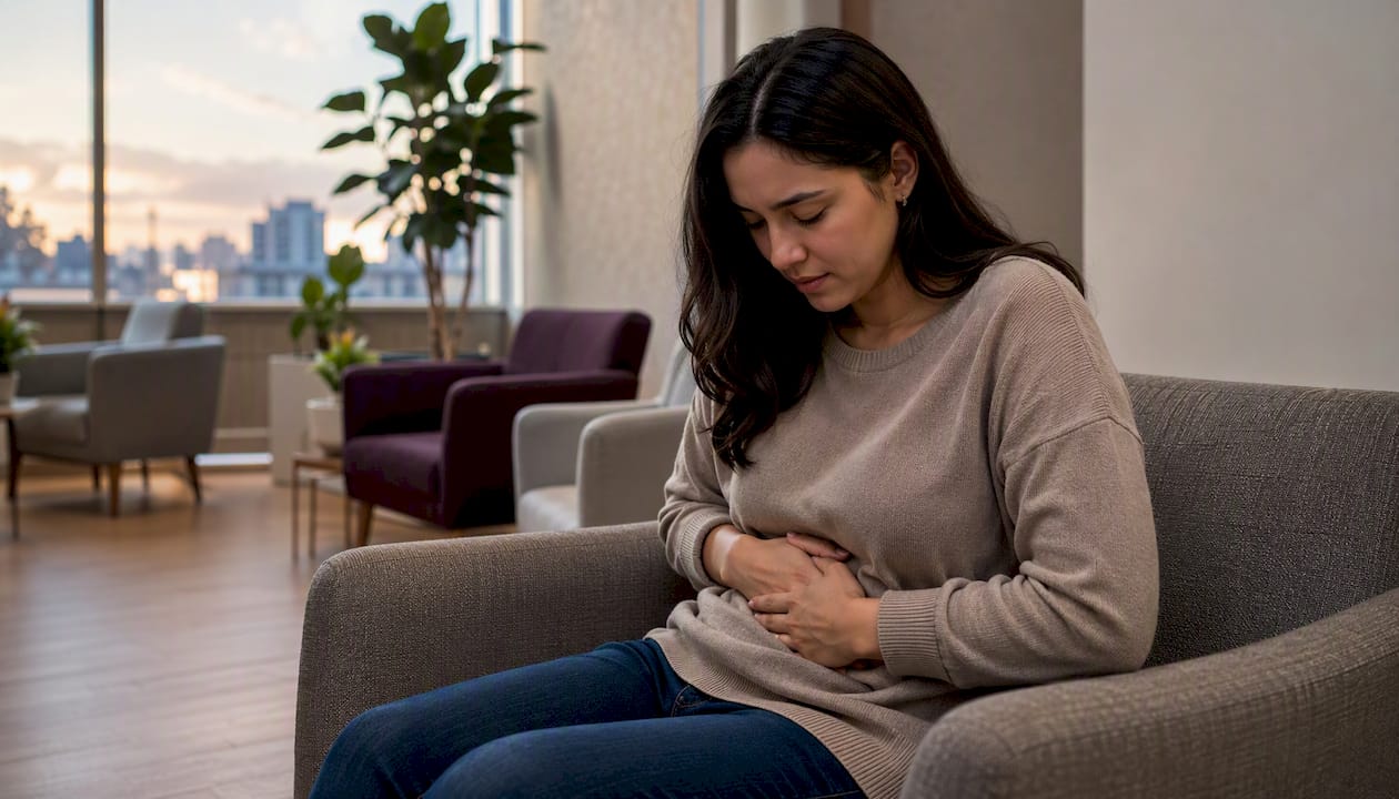 Woman holding lower abdomen with mild cramping