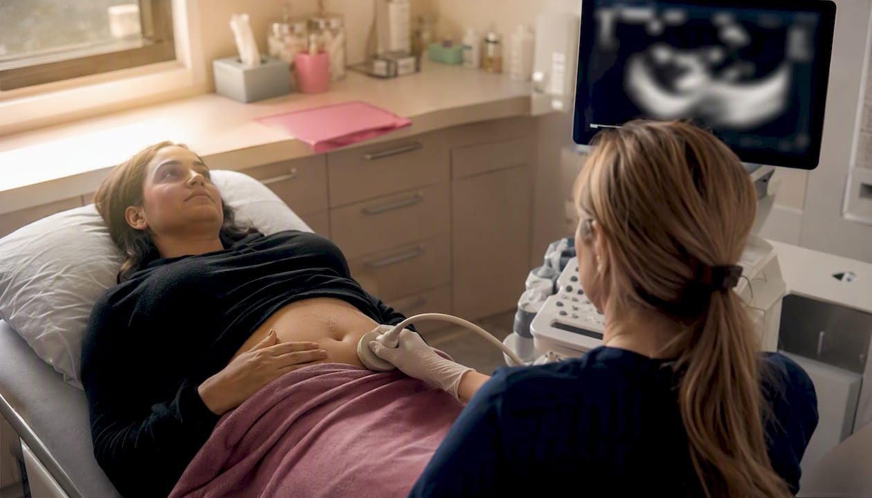 Clinician performing uterine ultrasound examination