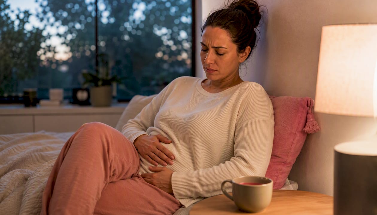 Woman holding abdomen with mild discomfort