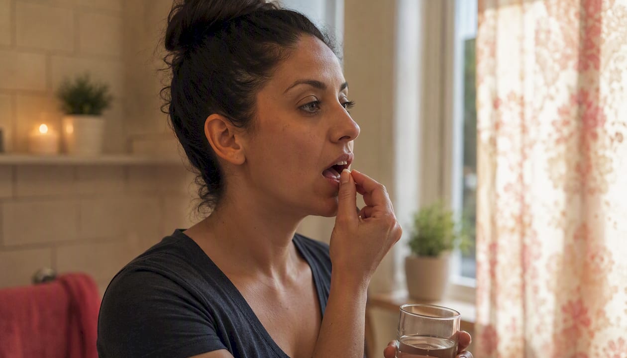 Woman taking supplement pill in home bathroom