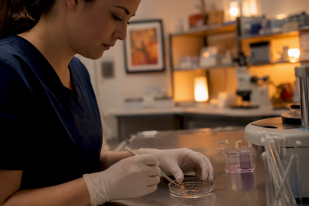 Lab technician handling embryo transfer medium