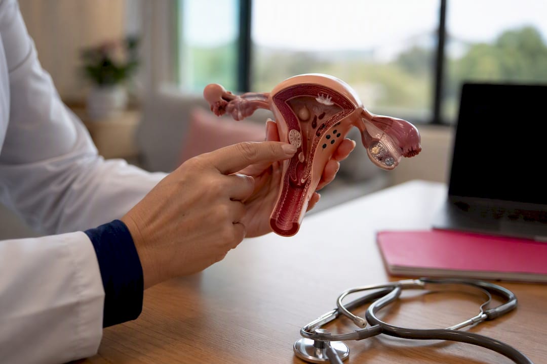 Hands pointing to uterus model during consultation