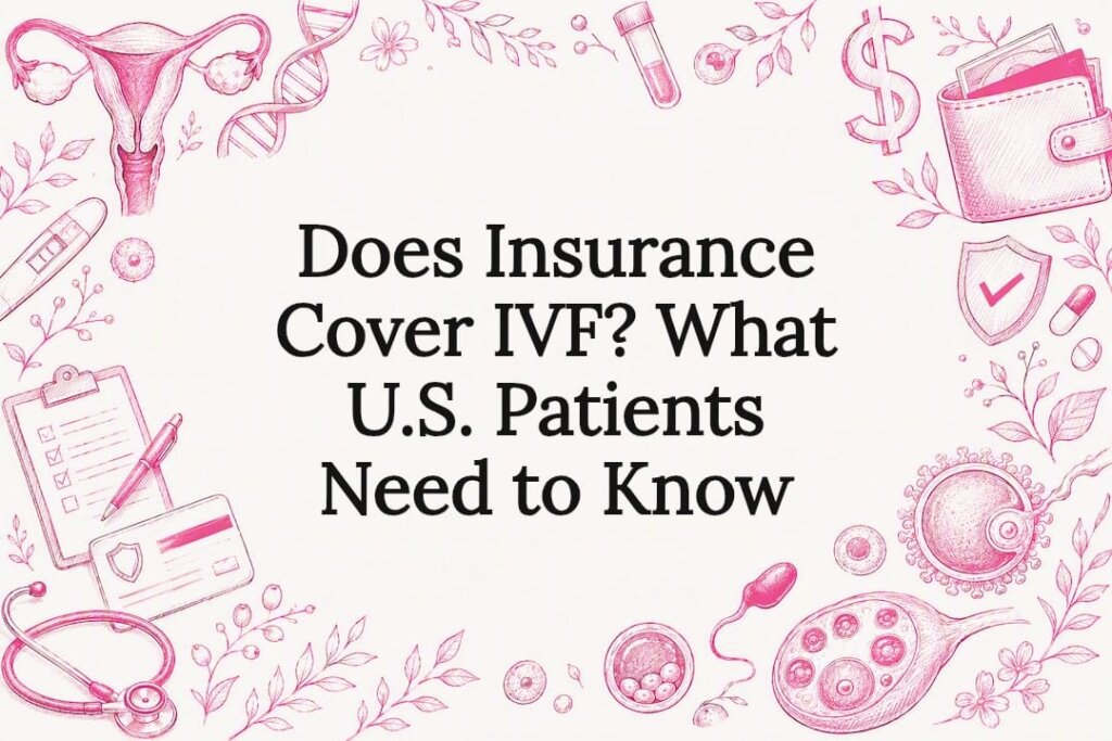 Decorative title card illustration with fertility and insurance icons