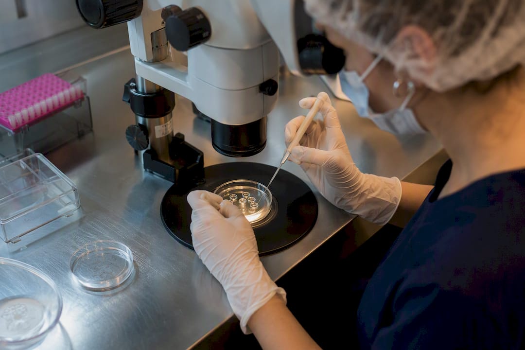 Technician performing embryo biopsy in lab