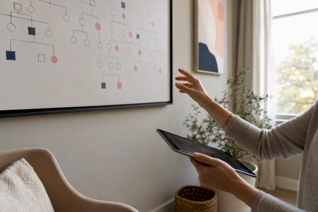 Hands pointing at family history diagram tablet