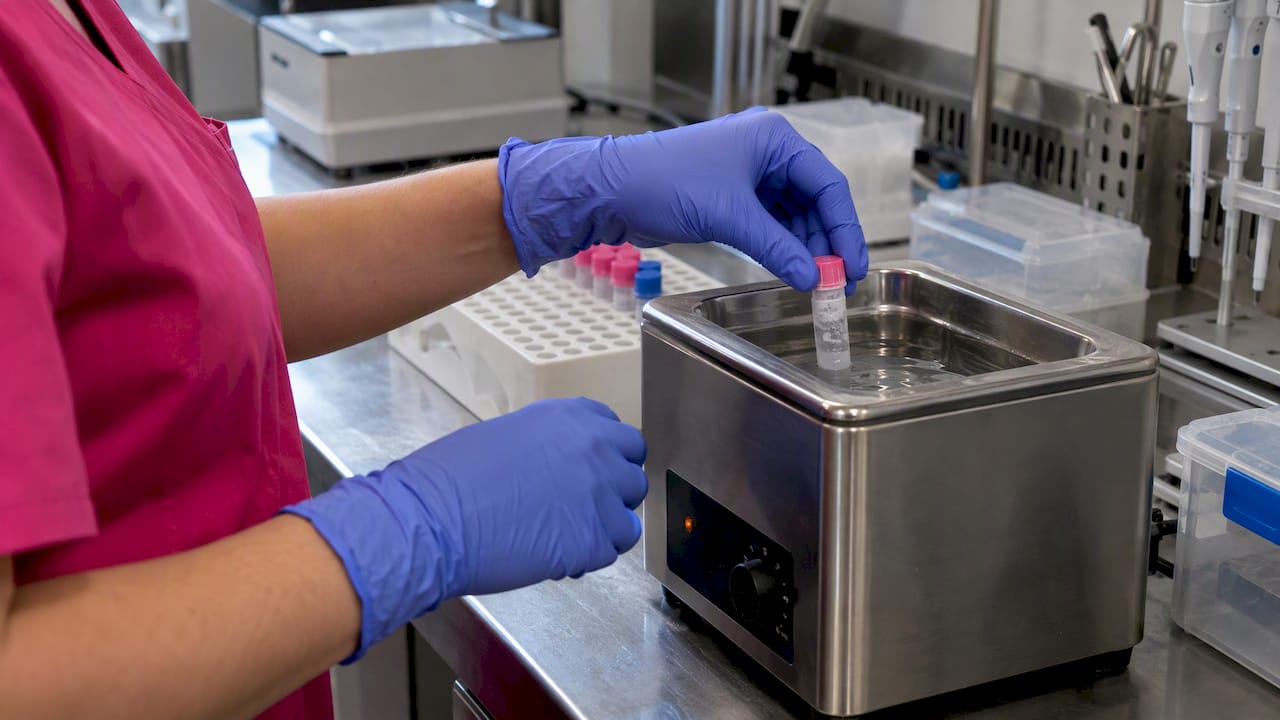 Technician thawing frozen donor sperm vial
