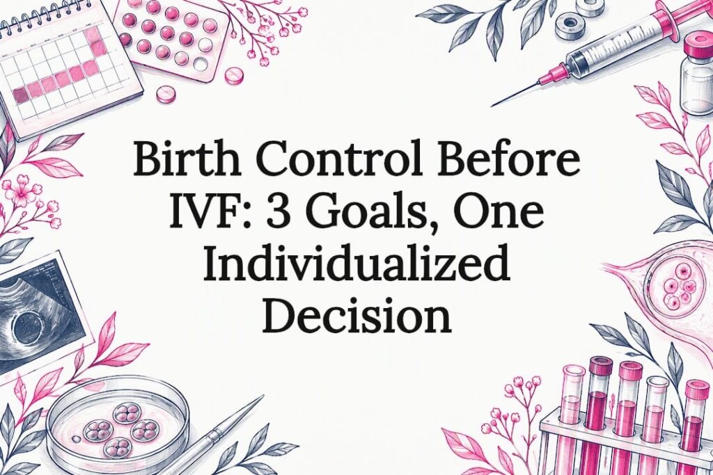 Sketches framing the birth control and IVF title